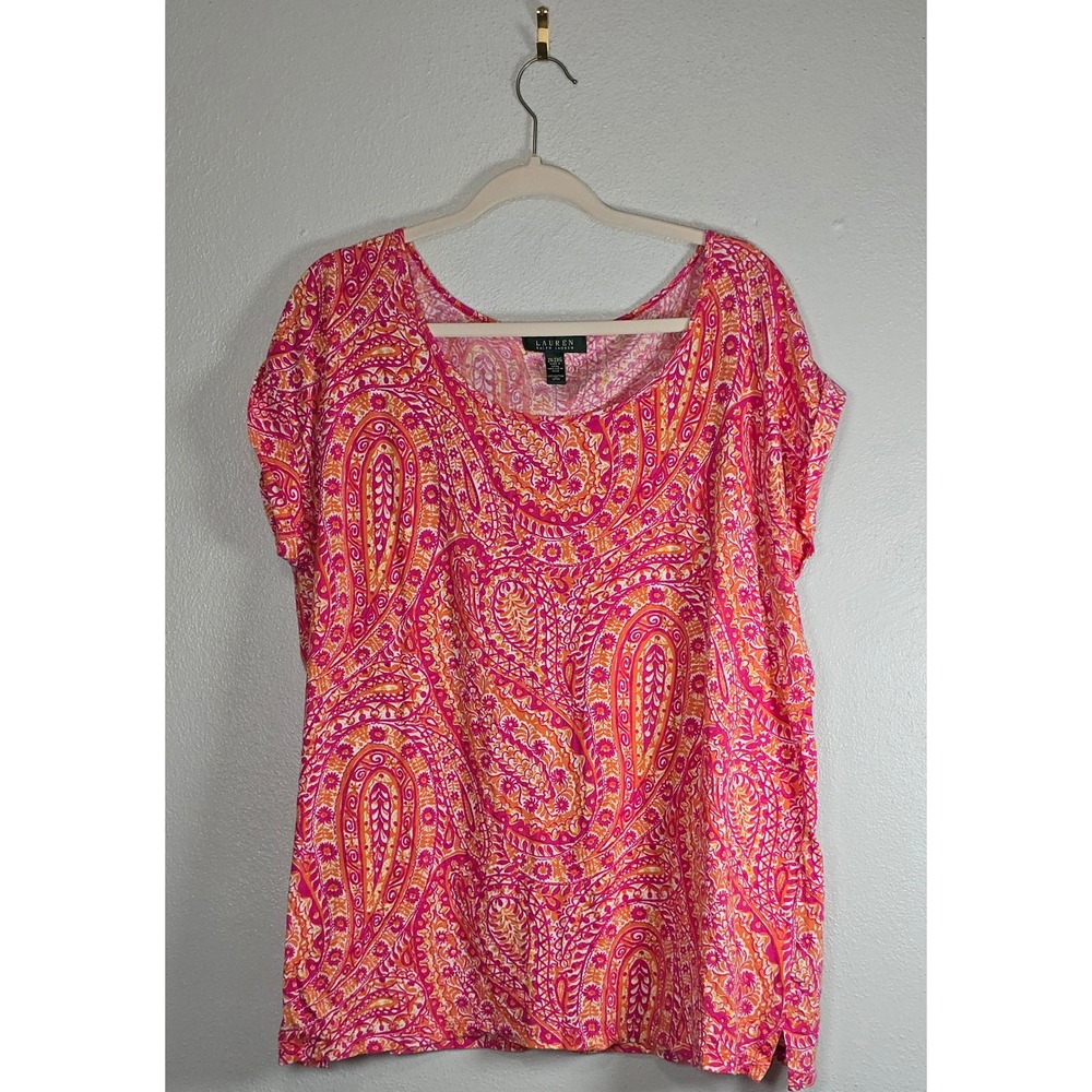 Lauren Ralph Lauren Paisley Top 2X Pink Orange Cotton Short Sleeve Scoop Neck